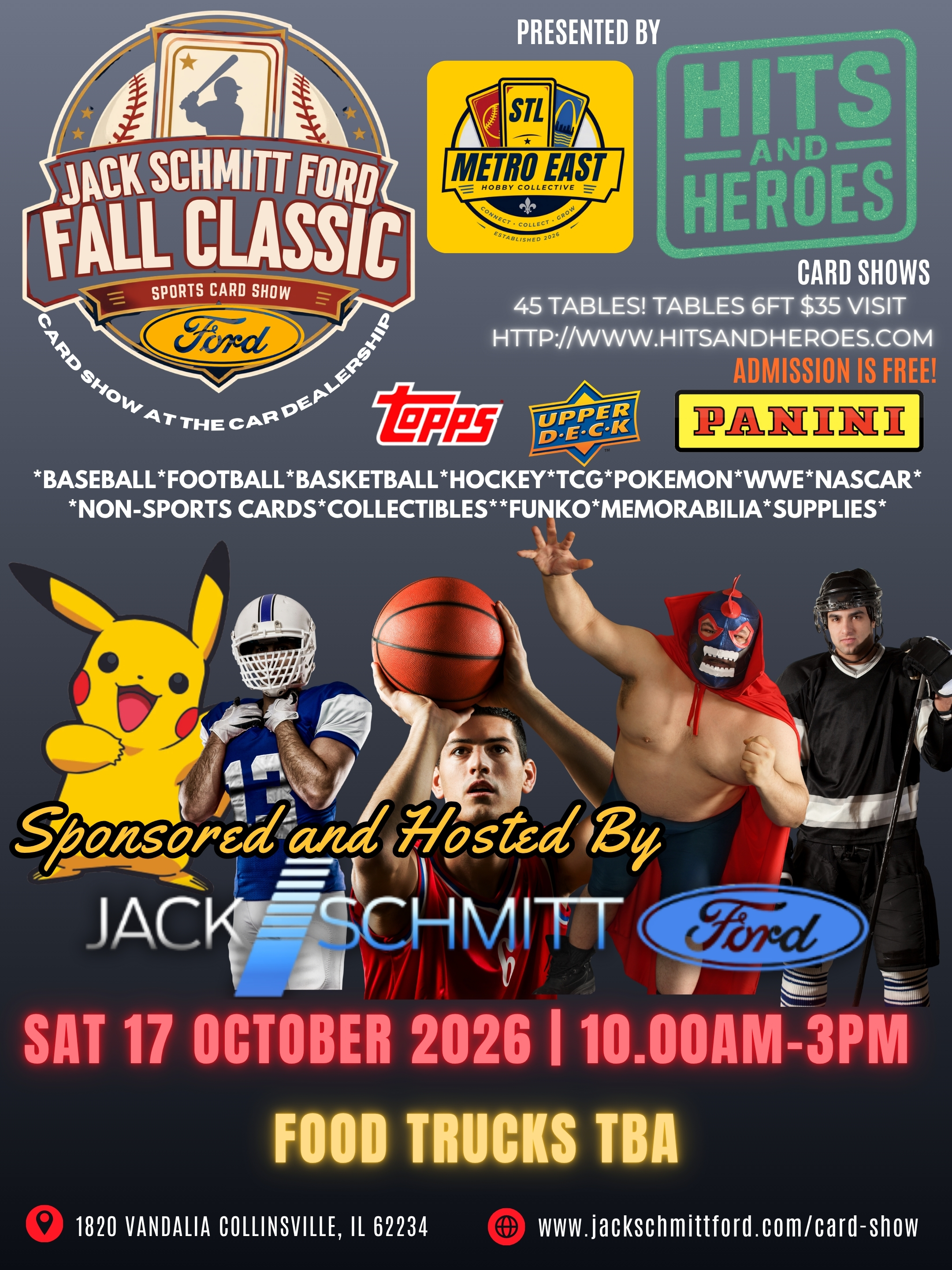 Event flyer for Jack Schmitt Ford Fall Classic Card Show in the Car Dealership by Hits and Heroes