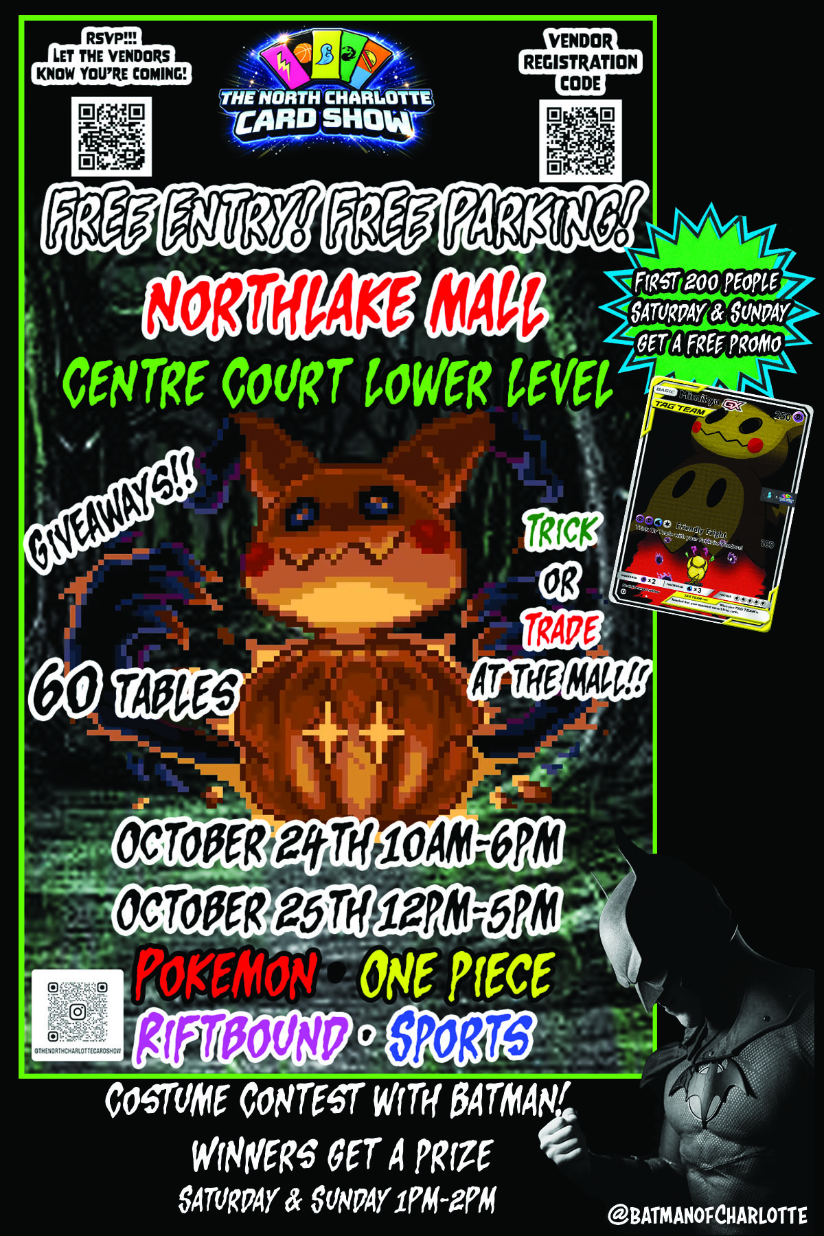 Event flyer for The North Charlotte Card Show 10/24-10/25 Trick Or Trade Event